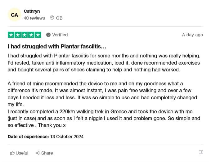 Customer review of improved walking after plantar fasciitis treatment